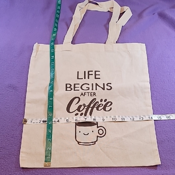 0743. Canvas Tote Bag with Life Begins With Coffee Screen Print - Picture 2 of 4